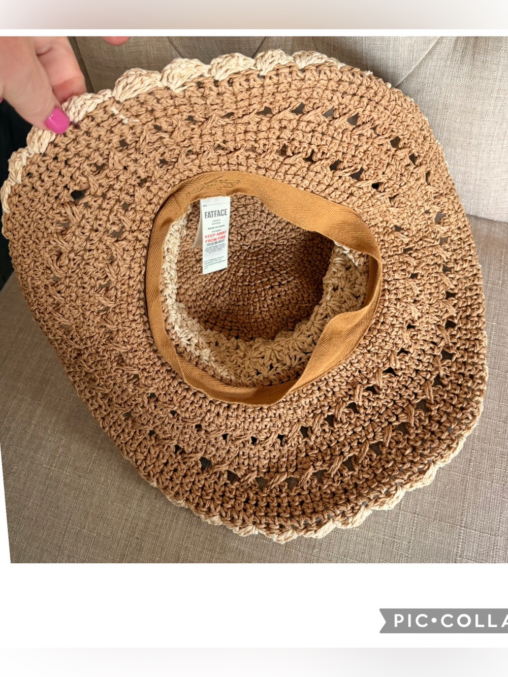Fat Face UK Packable Crochet Straw Sun Hat Boho Wide Brim Brown Cream Beaded - Picture 4 of 5